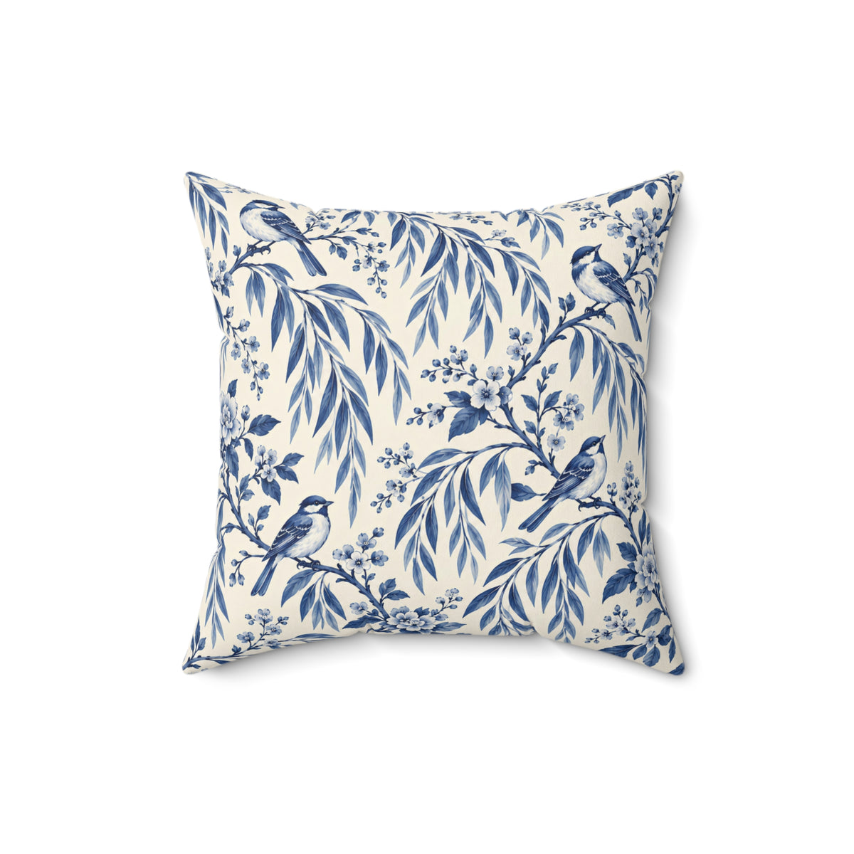 Blue Willow Bird Pattern Pillow — Decorative Square Throw Pillow