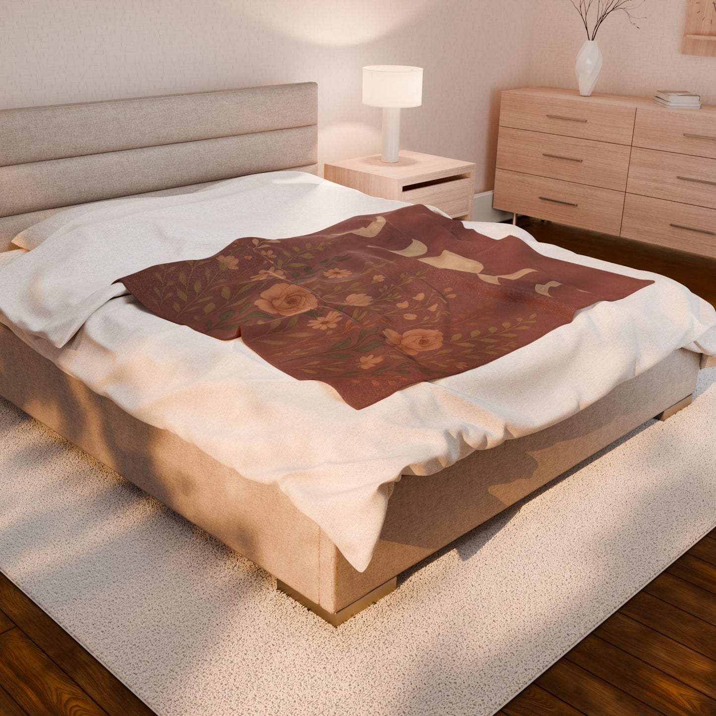 Moon Phases & Wildflowers Velveteen Plush Blanket – Boho Floral Throw for Cozy Nights