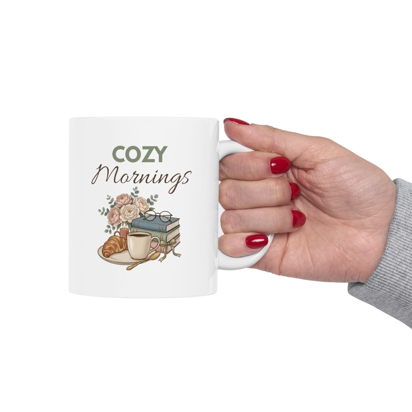 Ceramic Mug - Cozy Morning Coffee Mug with Rustic Floral Illustration