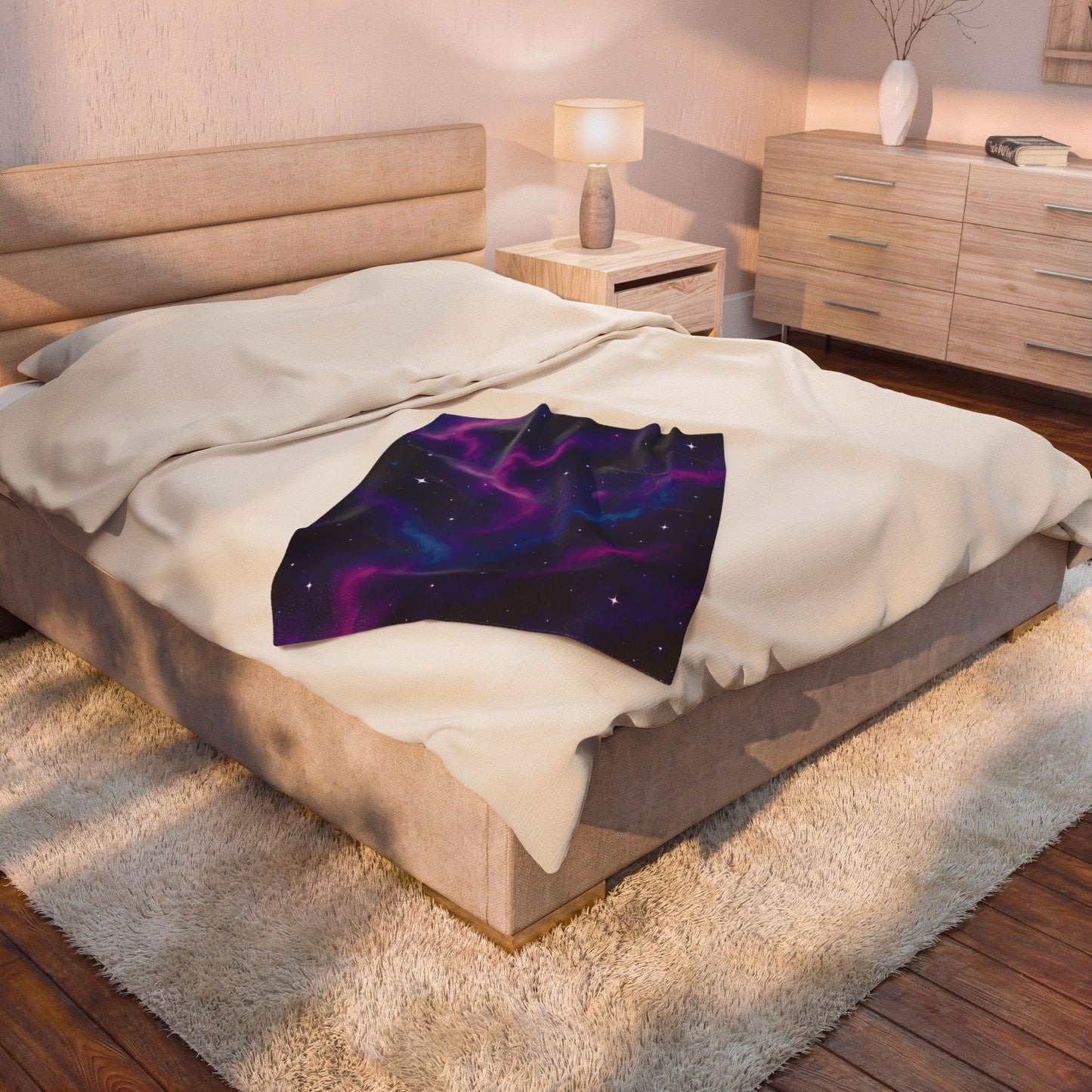 Velveteen Galaxy Plush Blanket – Cosmic Nebula Print in Purple & Blue (Adult Size)