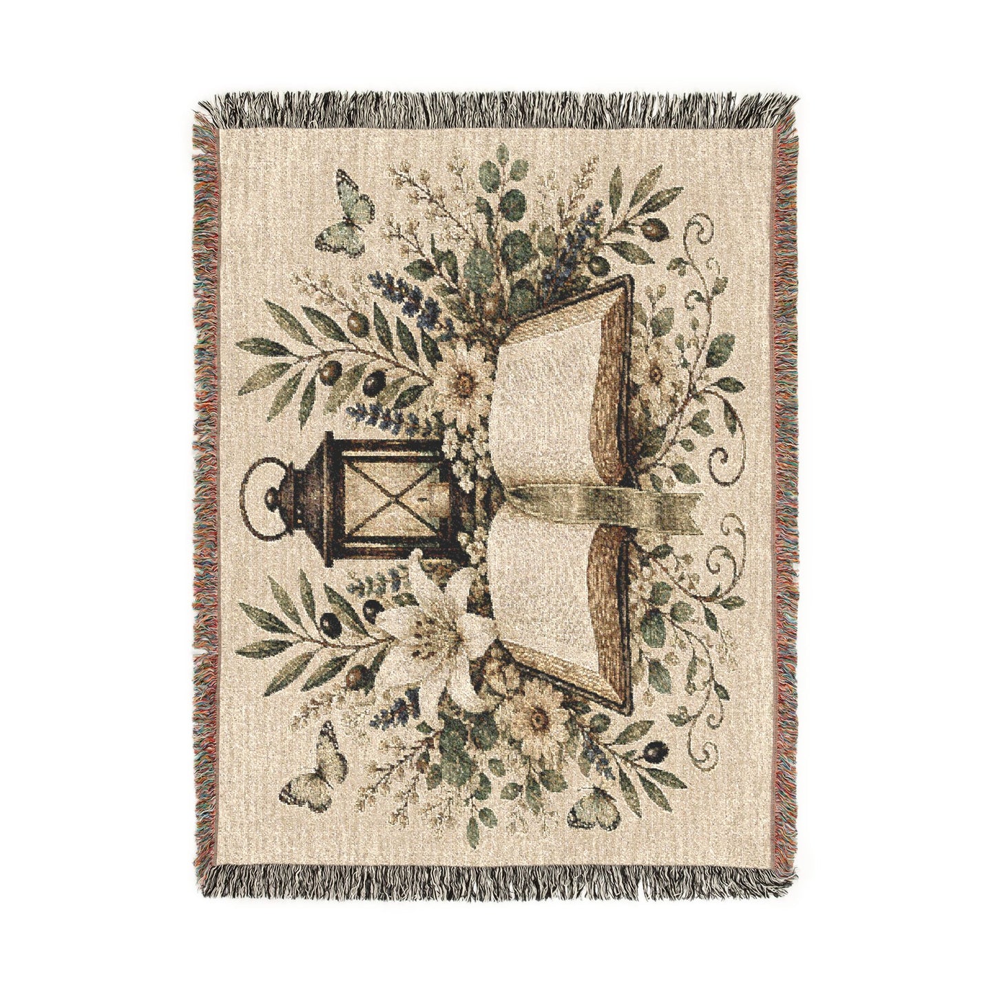 Woven Blanket — Vintage Bible & Lantern Tapestry Throw