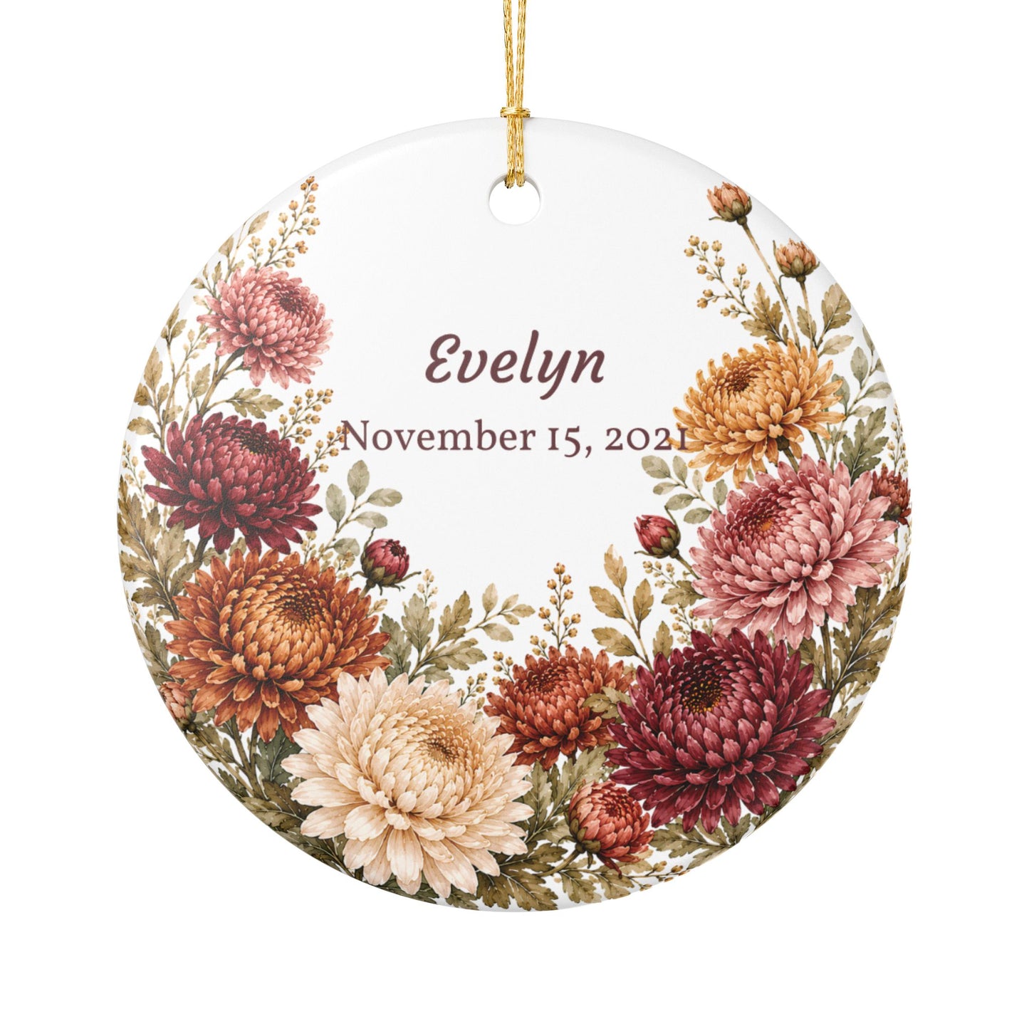 Personalized Floral Ceramic Ornament — Custom Name & Date Autumn Chrysanthemums