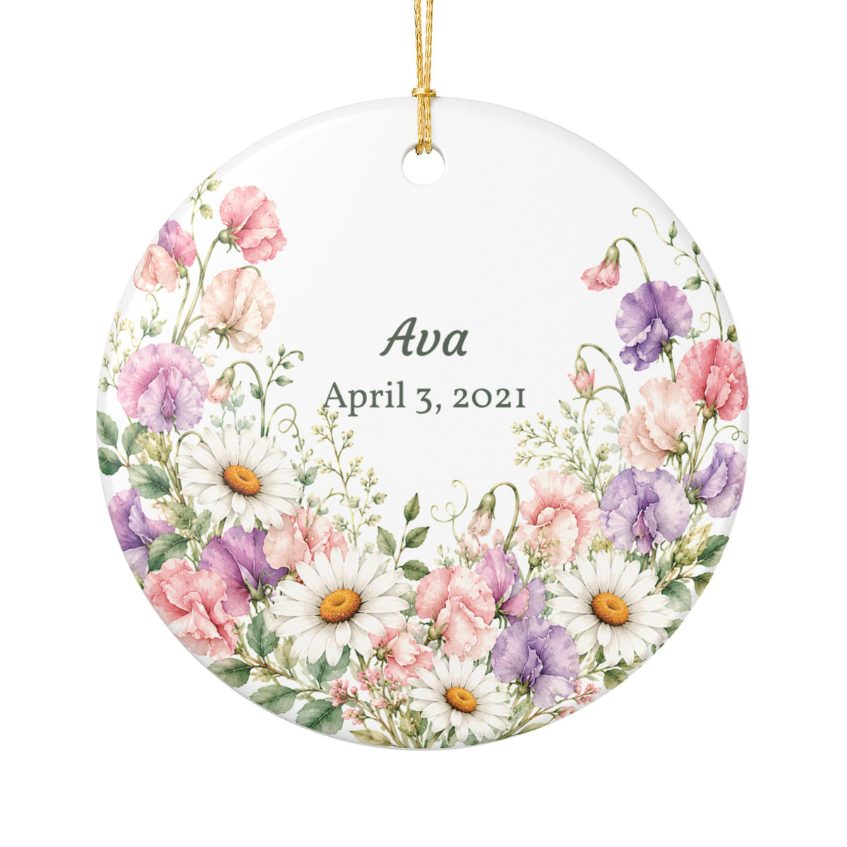 Personalized Floral Name Ornament — Customized Ceramic Keepsake (Name & Date)