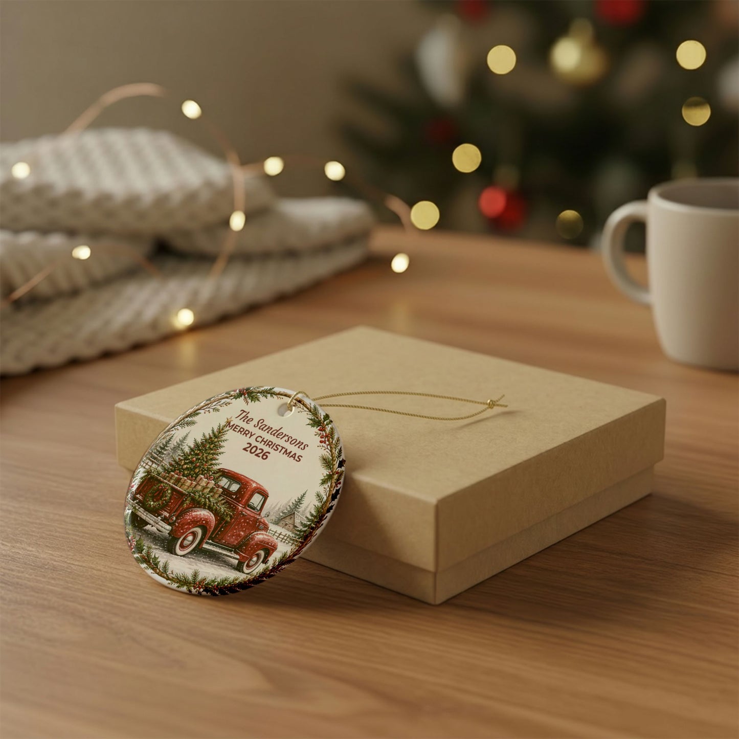 Personalized Ceramic Christmas Ornament — Vintage Red Truck "The Sandersons Merry Christmas"