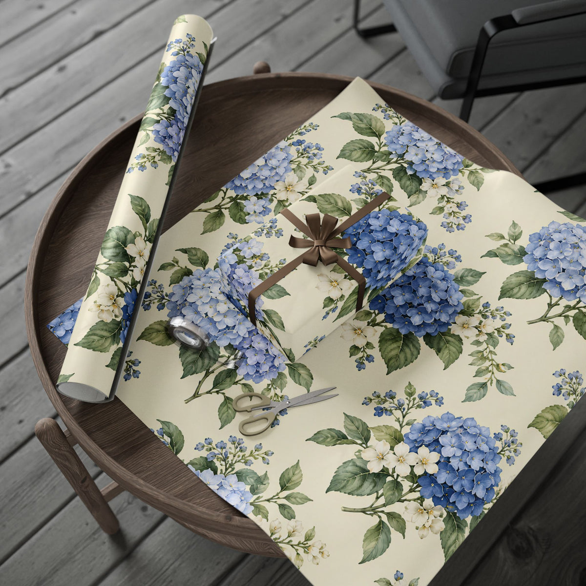 Floral Hydrangea Wrapping Paper Roll — Blue Vintage Flower Gift Wrap