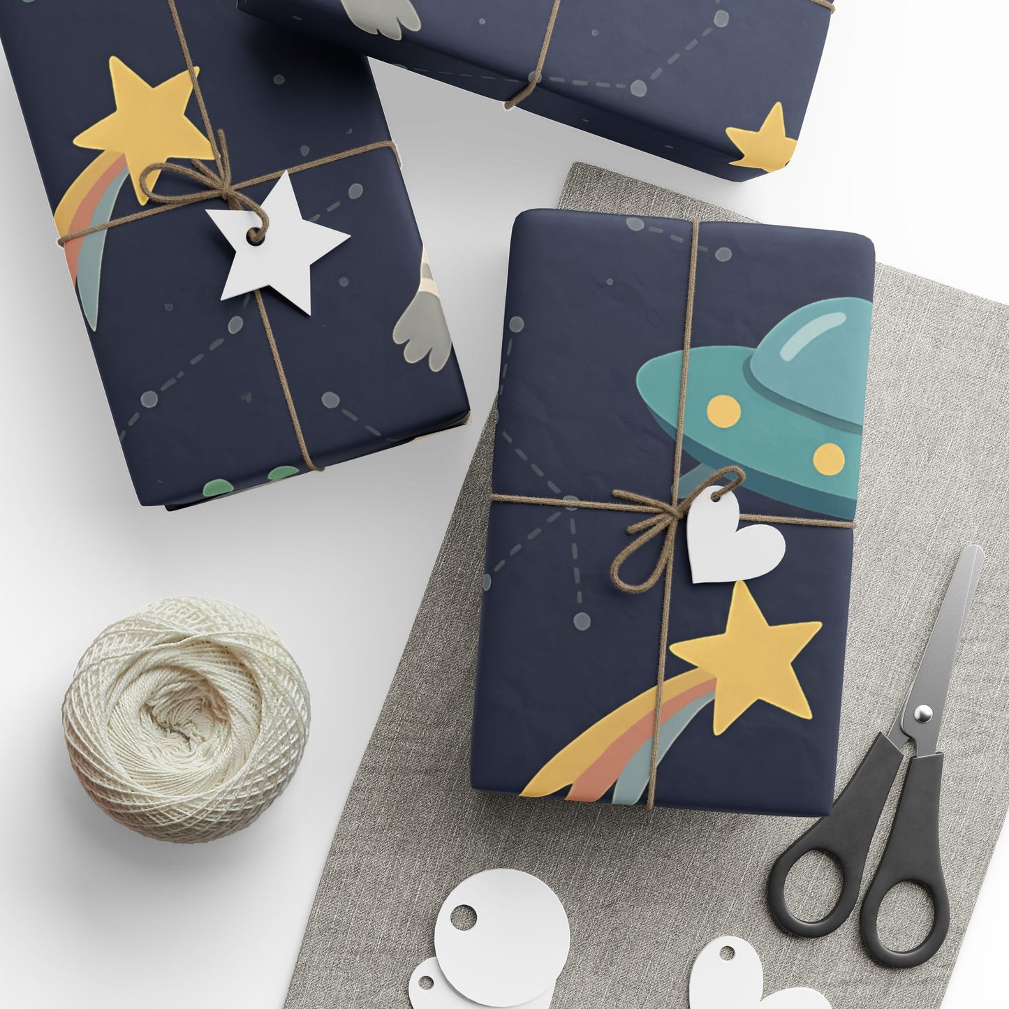 Space Explorers Wrapping Paper – Astronauts, Aliens & UFOs on Navy Starry Sky