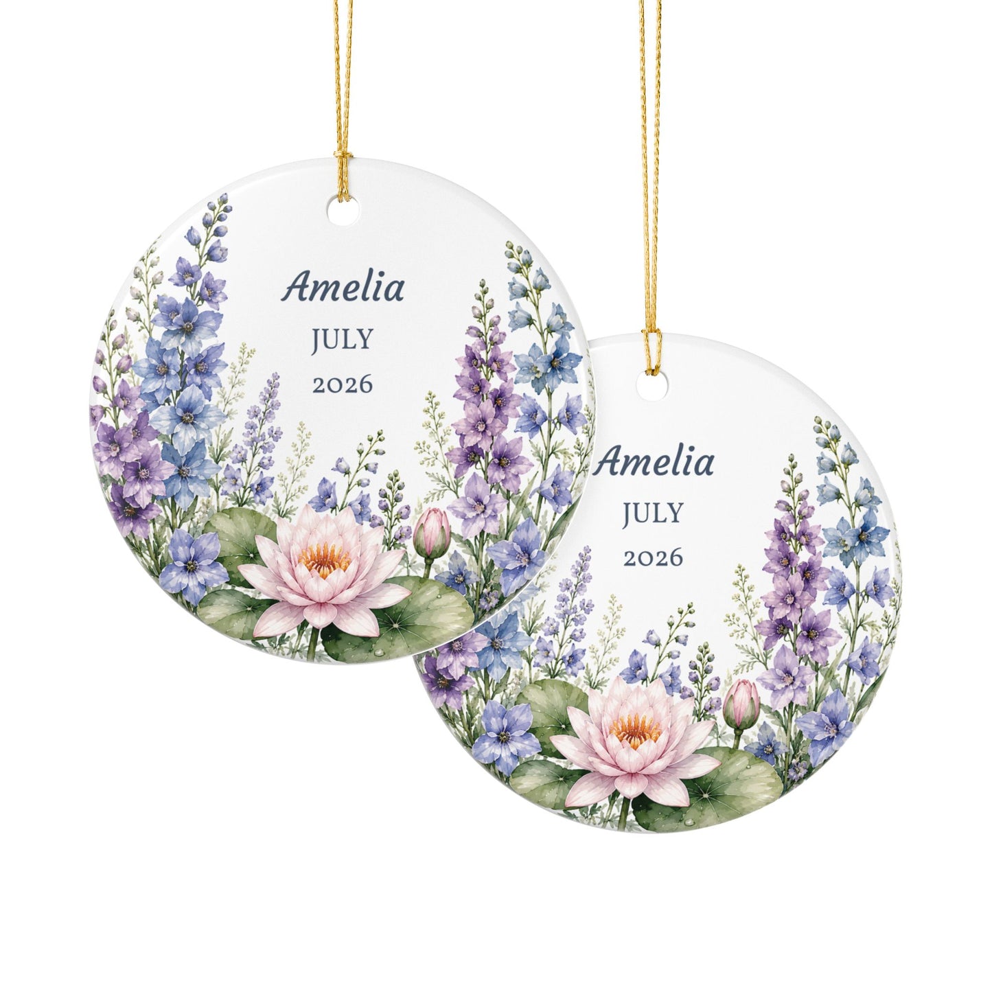 Personalized Floral Ceramic Ornament — Custom Name & Year (Amelia JULY 2026)