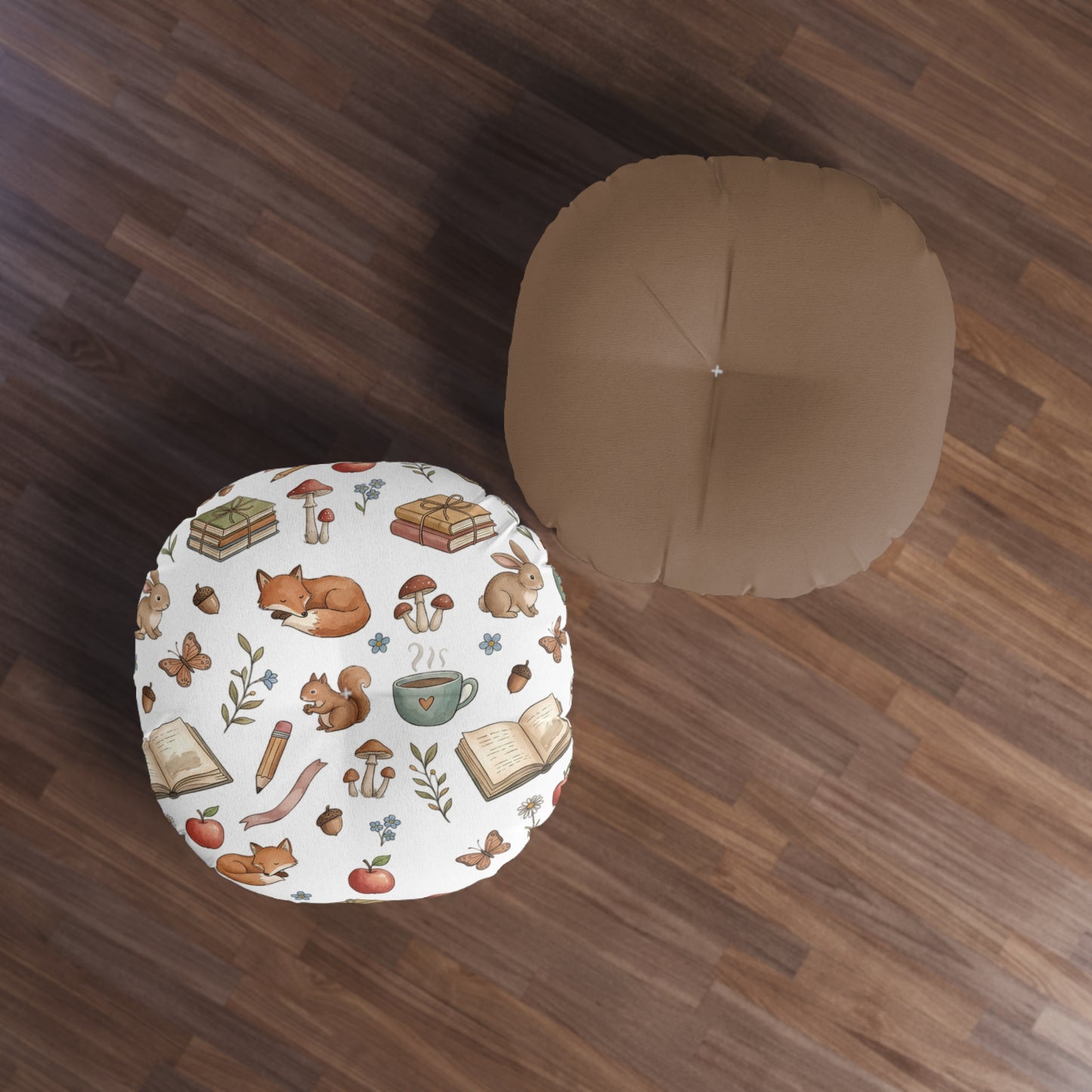 Round Tufted Floor Pillow — Cozy Woodland Reading Pattern