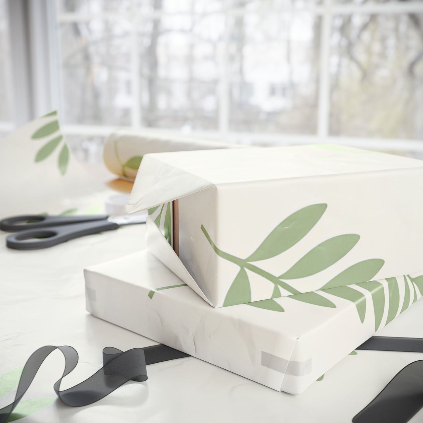 Botanical Leaf Pattern Wrapping Paper Roll — Green Foliage Gift Wrap