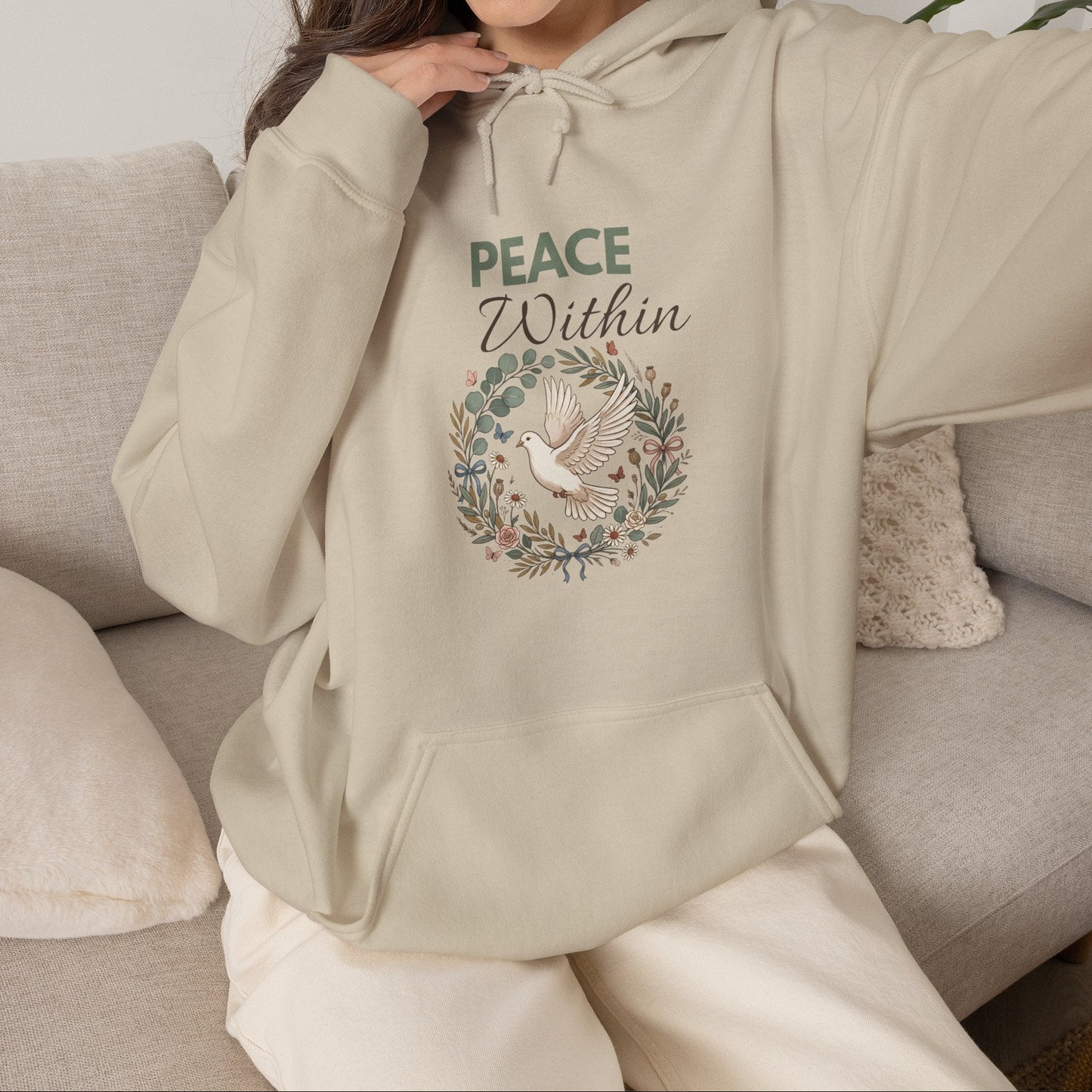 Peace Within Hoodie — Dove Wreath Spiritual Comfort Pullover