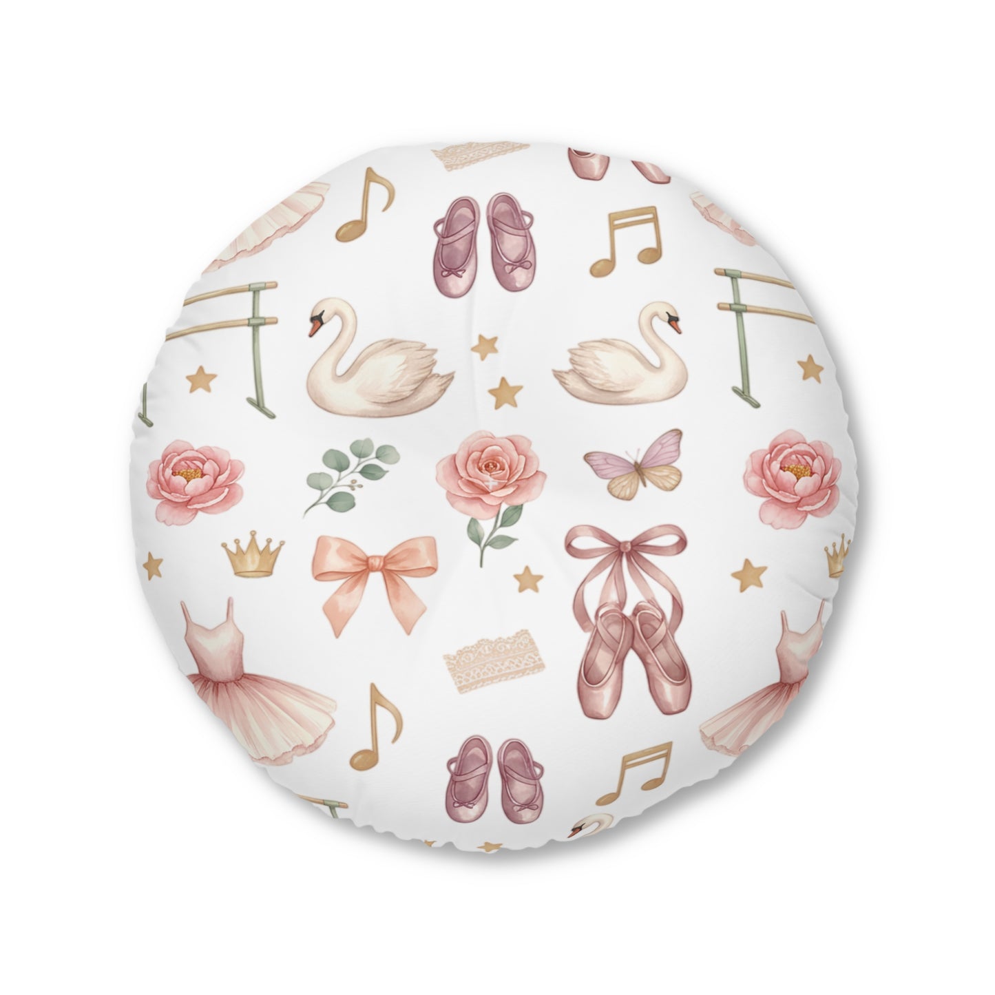 Ballet Bow Tufted Round Floor Pillow – Pink Swan Dance Pattern