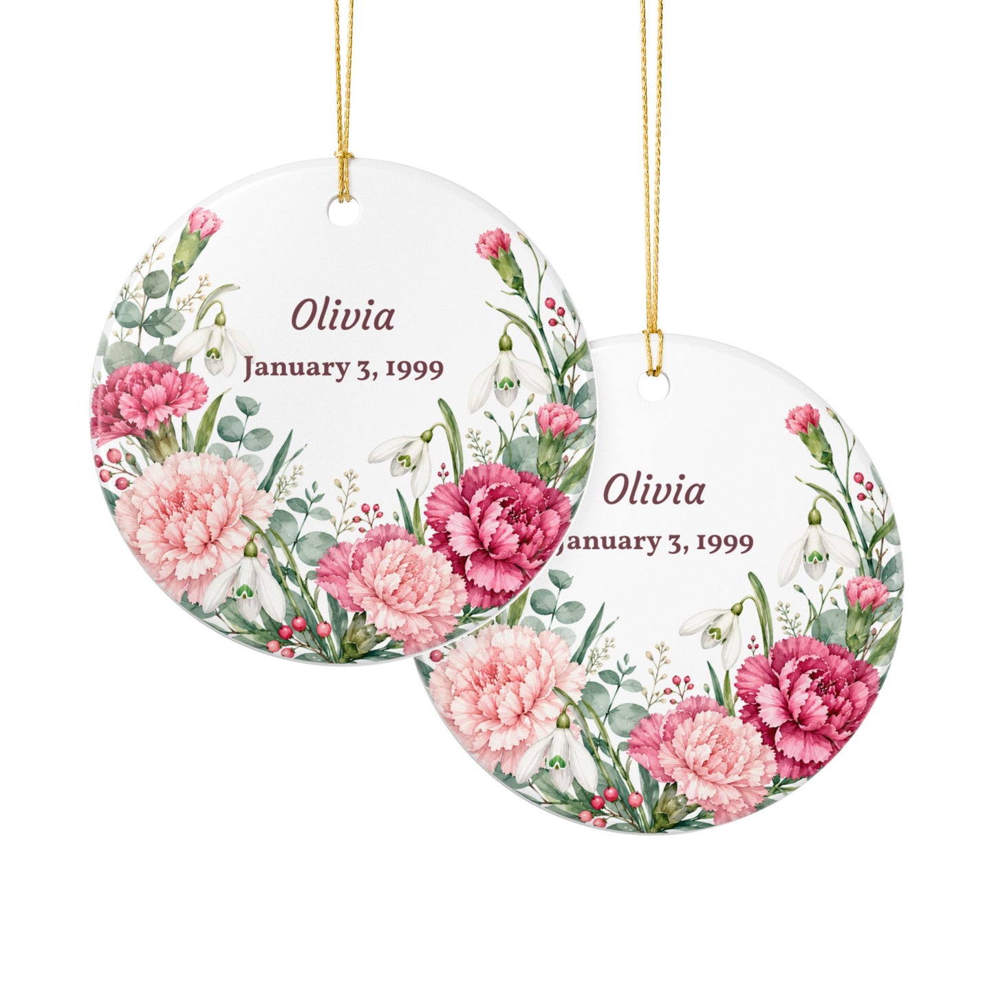 Personalized Floral Name Ornament — Custom Name & Date Ceramic Decoration