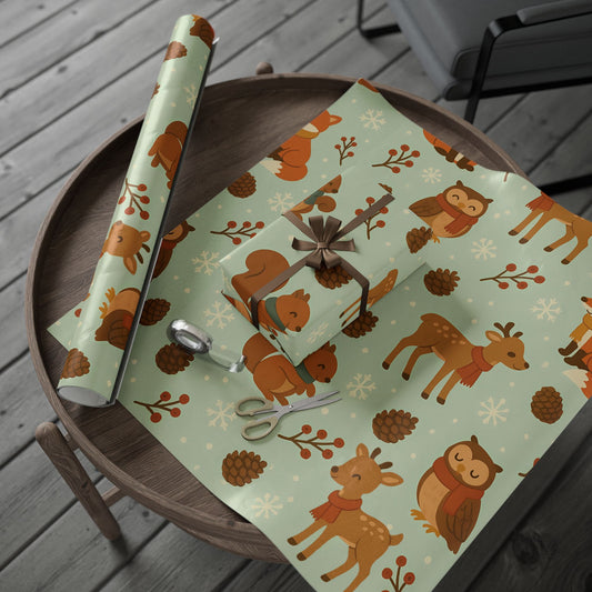 Woodland Winter Friends Wrapping Paper – Fox, Deer, Owl & Squirrel in Cozy Scarves