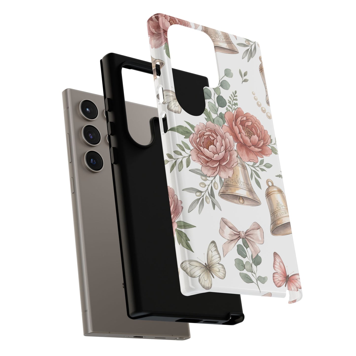 Floral Wedding Bells Phone Case — Vintage Roses, Butterflies & Bow Protective Tough Case