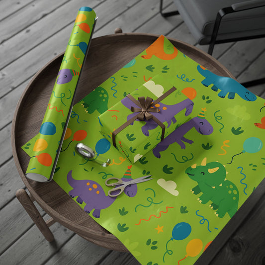 Dinosaur Party Wrapping Paper – Colorful Dinos with Balloons & Hats on Green