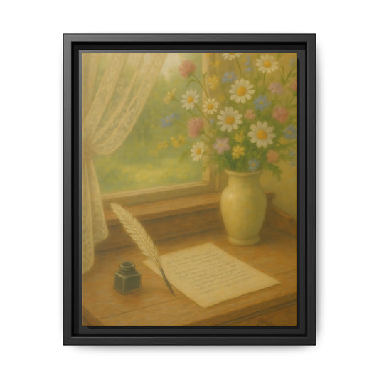 Sunlit Writing Desk – Framed Matte Canvas Art of Quill, Flowers & Lace Window