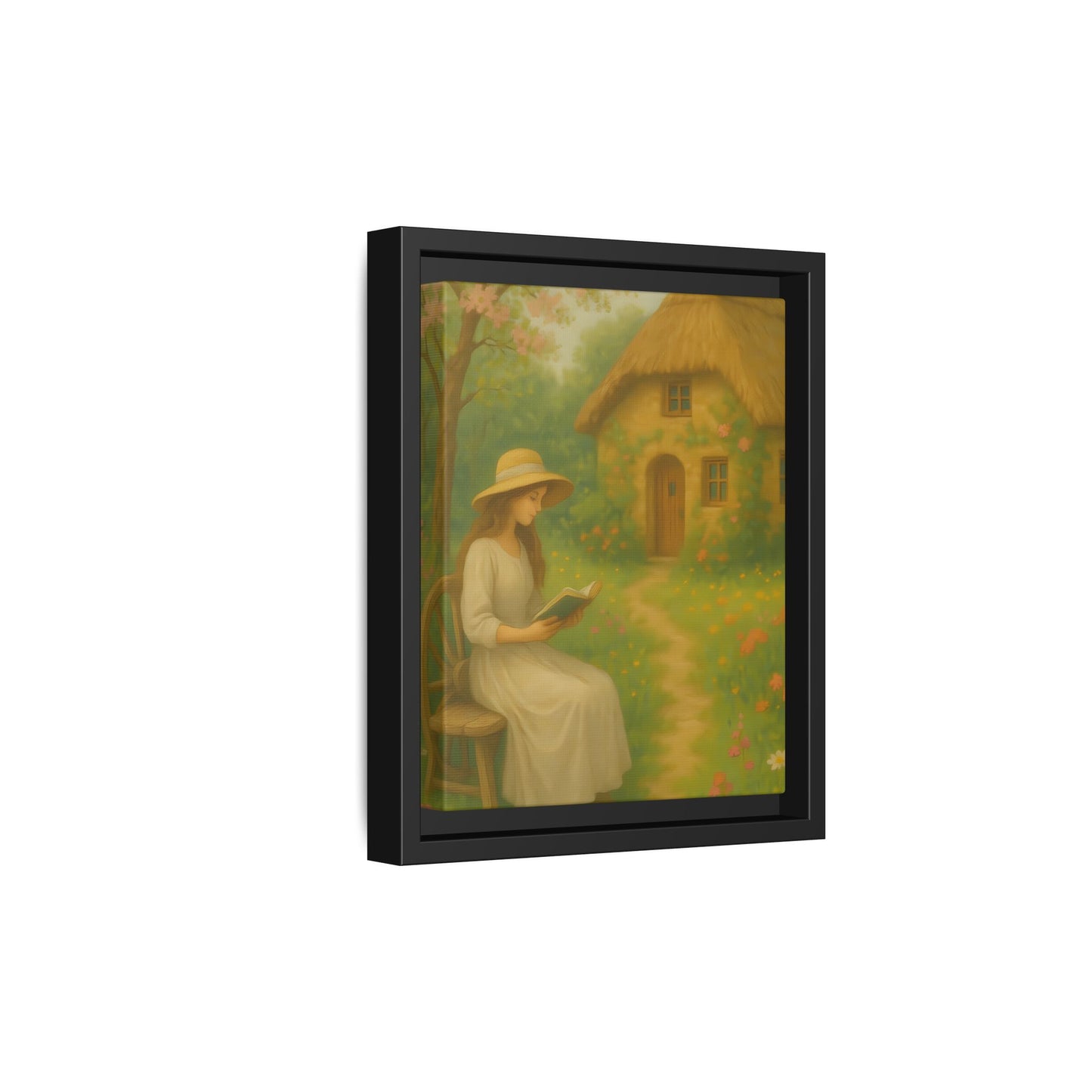 Cottage Garden Reader – Framed Matte Canvas Wall Art of Woman Reading by a Thatched Cottage