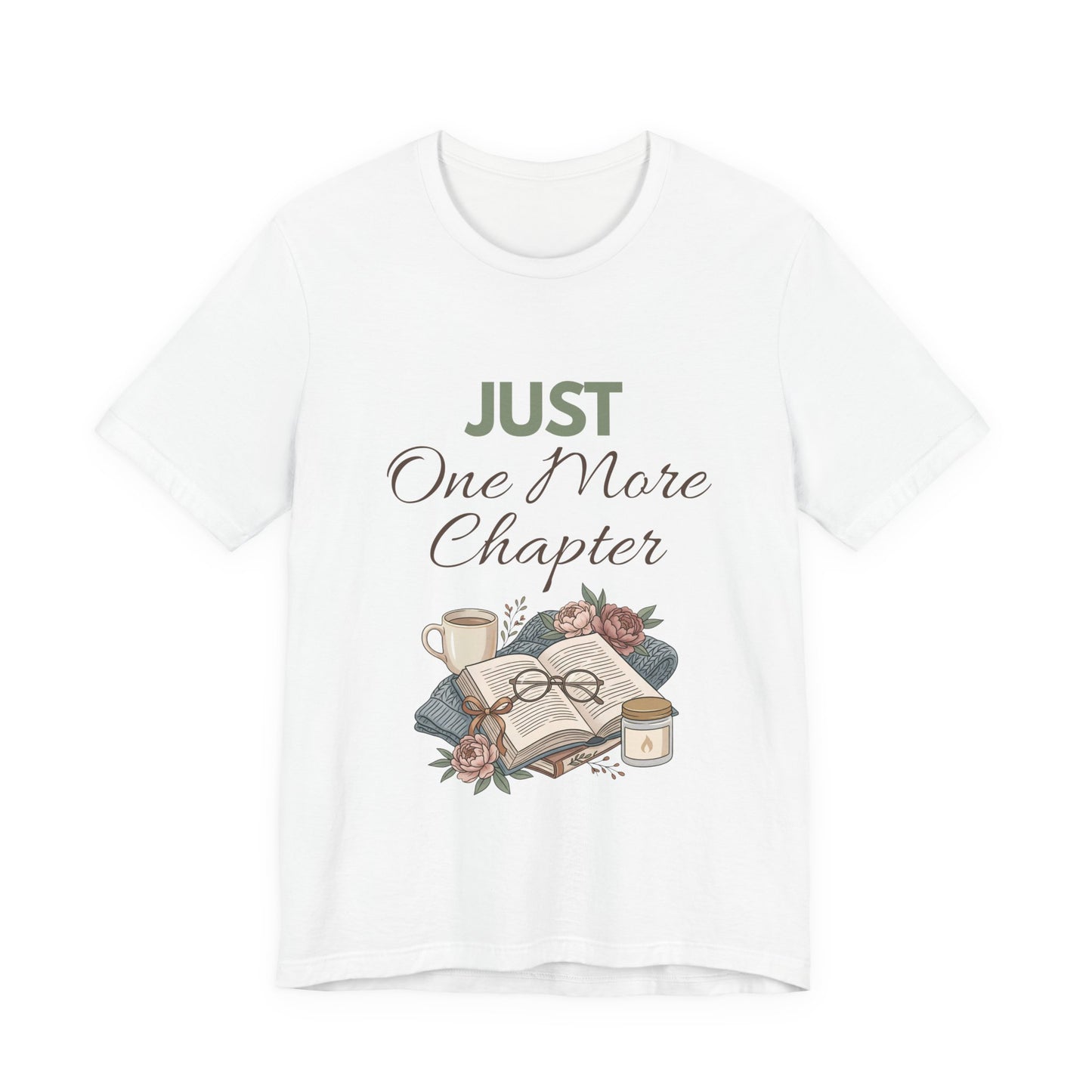 White t-shirt with 'Just One More Chapter' design featuring a book and coffee cup on a white background