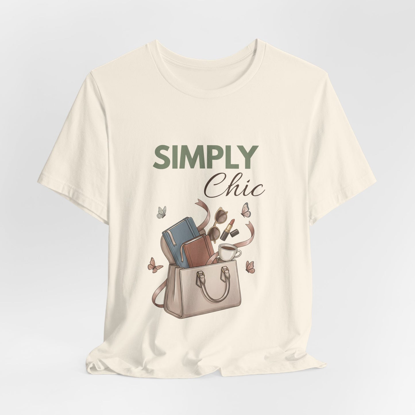 A hanging natural colored t-shirt with 'SIMPLY Chic' on the front.