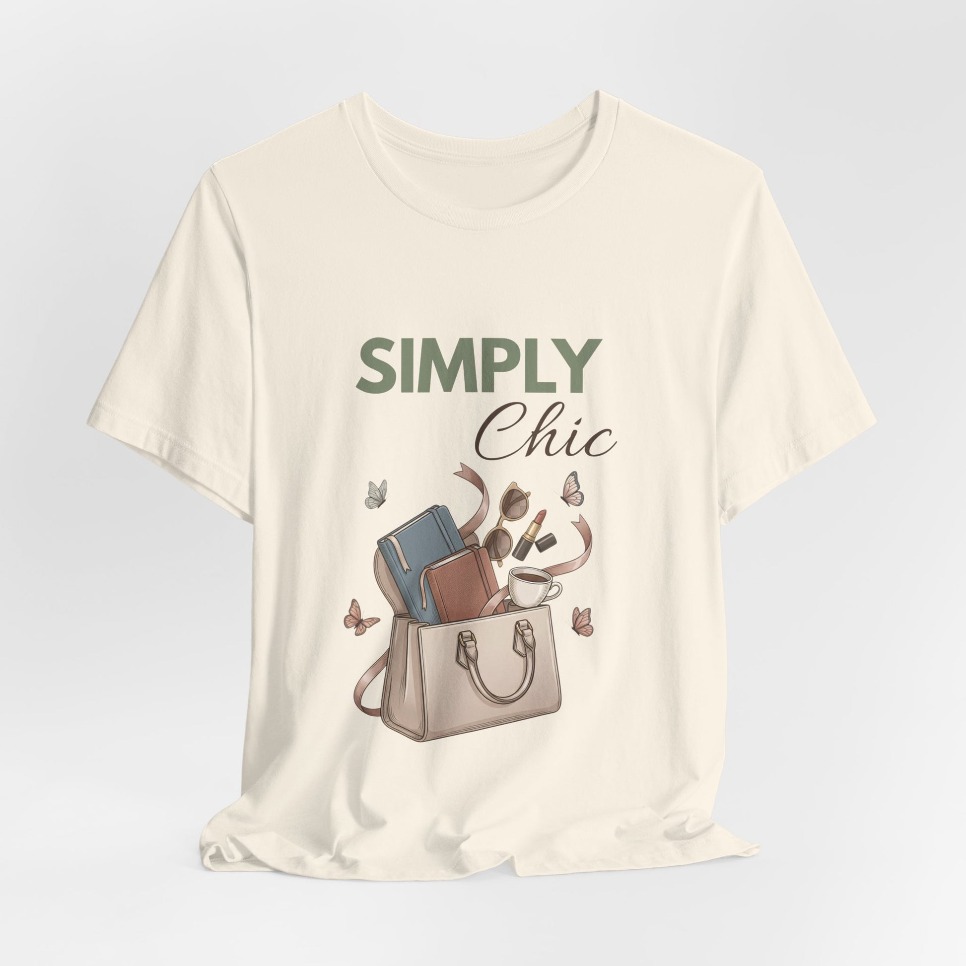 A hanging natural colored t-shirt with 'SIMPLY Chic' on the front.
