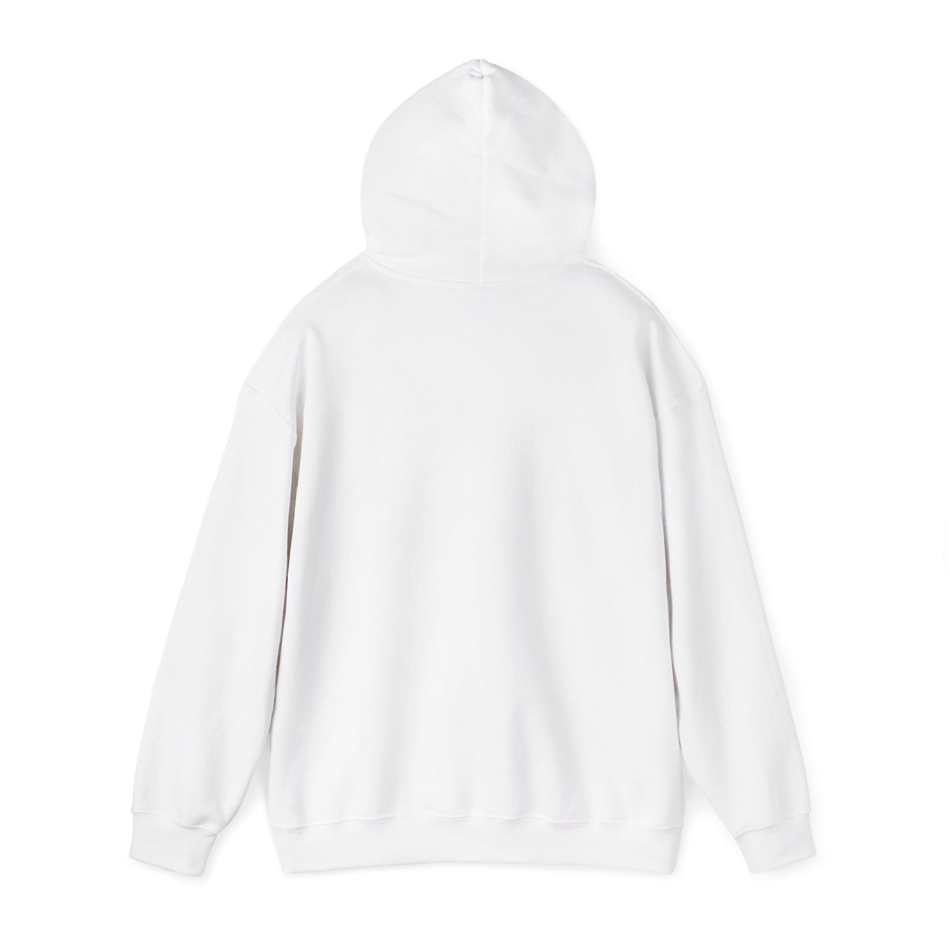 The back of a white hooded sweatshirt with the hood up.
