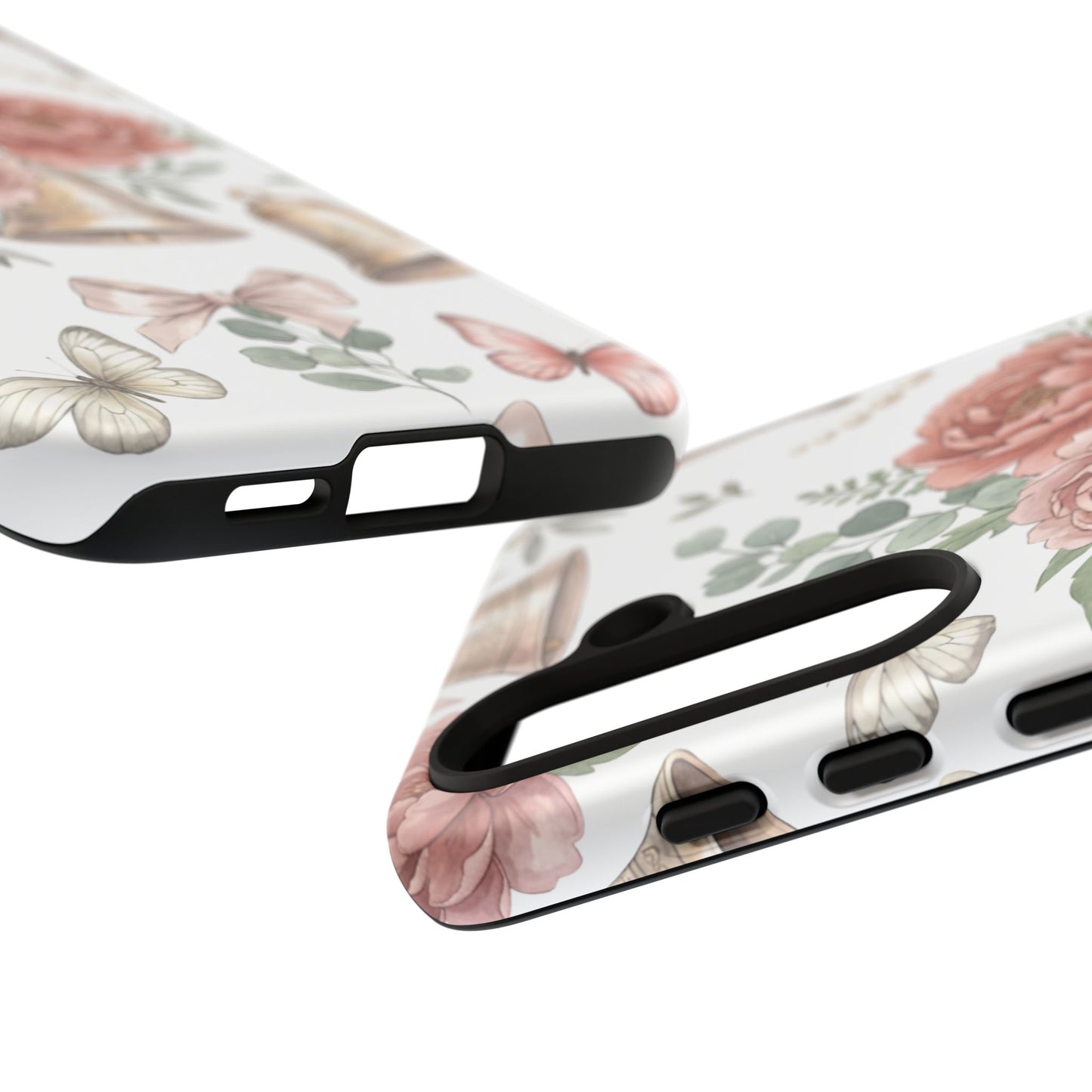 Floral Wedding Bells Phone Case — Vintage Roses, Butterflies & Bow Protective Tough Case