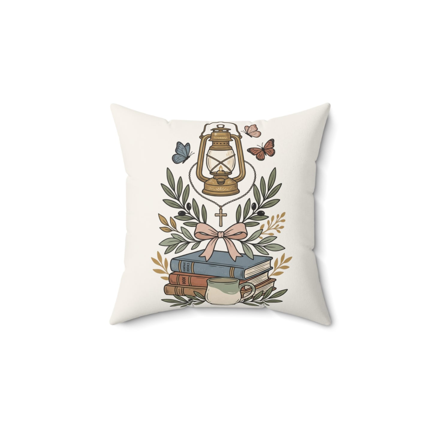 Christian Floral Lantern Pillow — Faith Cross Decorative Throw Pillow
