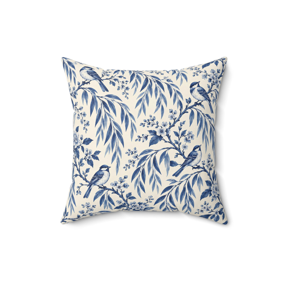Blue Willow Bird Pattern Pillow — Decorative Square Throw Pillow