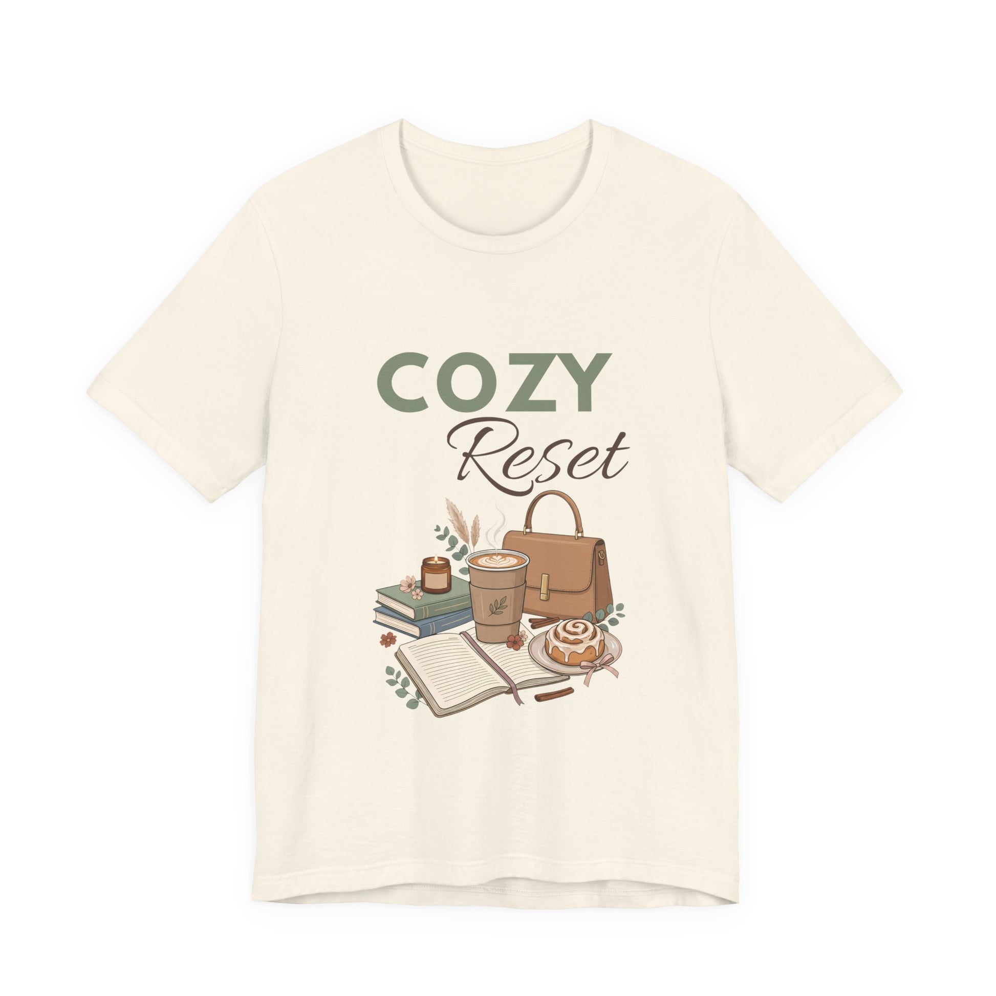 A natural colored t-shirt with 'COZY Reset' on the front.