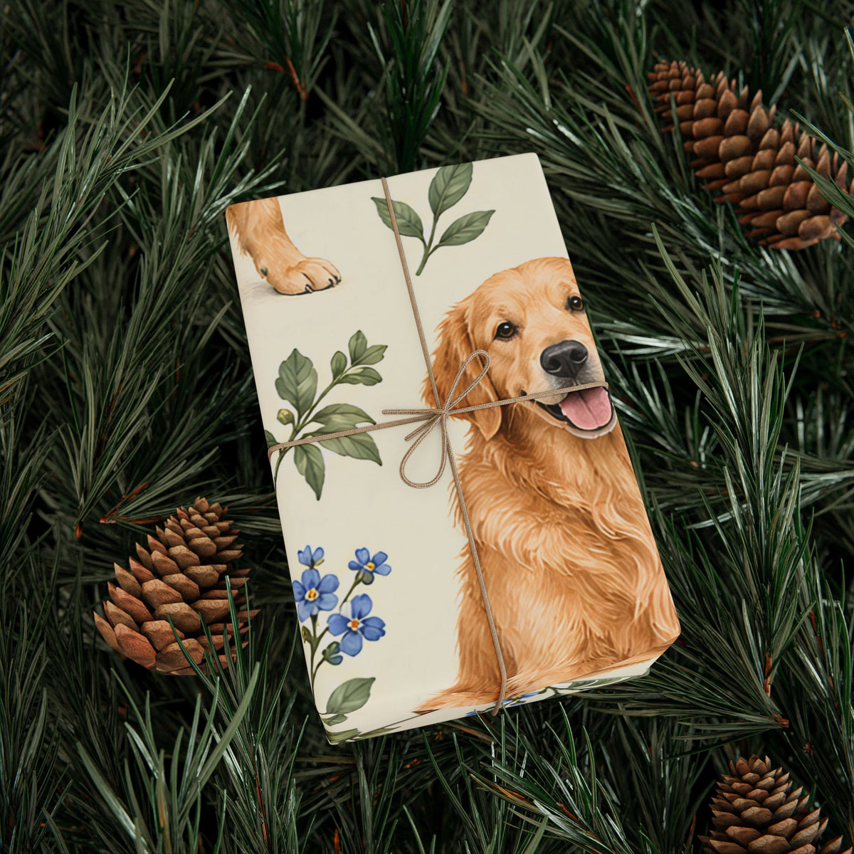Dog Floral Wrapping Paper — Golden Retriever Gift Wrap (Floral Pattern)