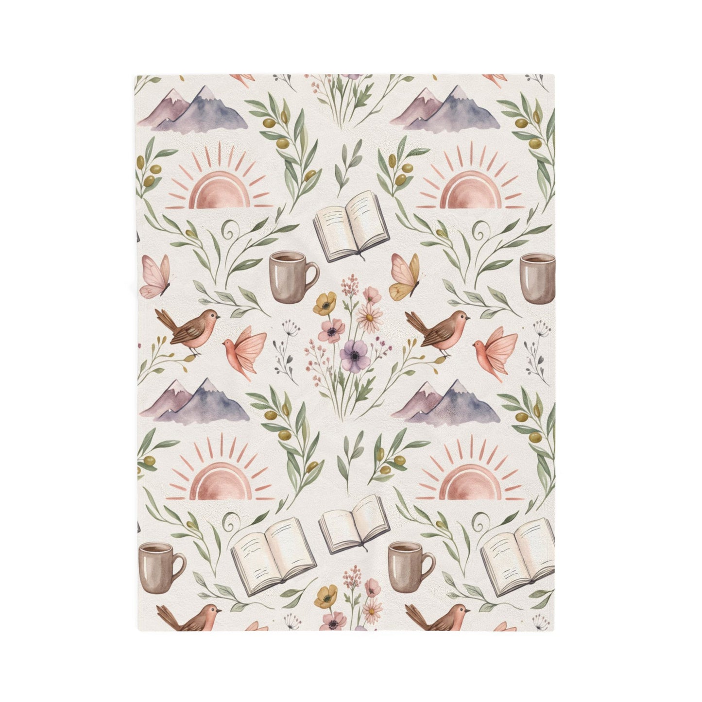 Cozy Bookish Floral Velvet Plush Blanket — Sun, Mountains & Tea Pattern