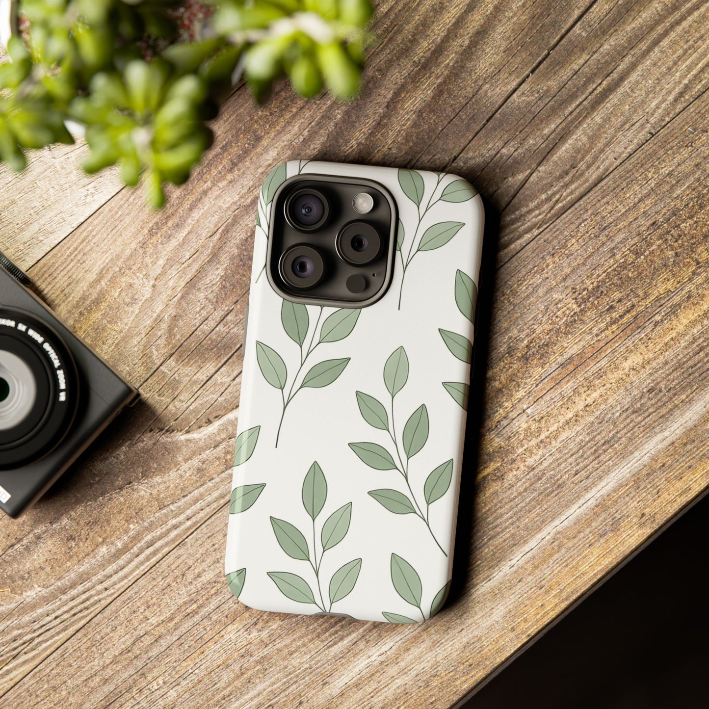Minimalist Green Leaf Phone Case – Elegant Botanical Pattern on White