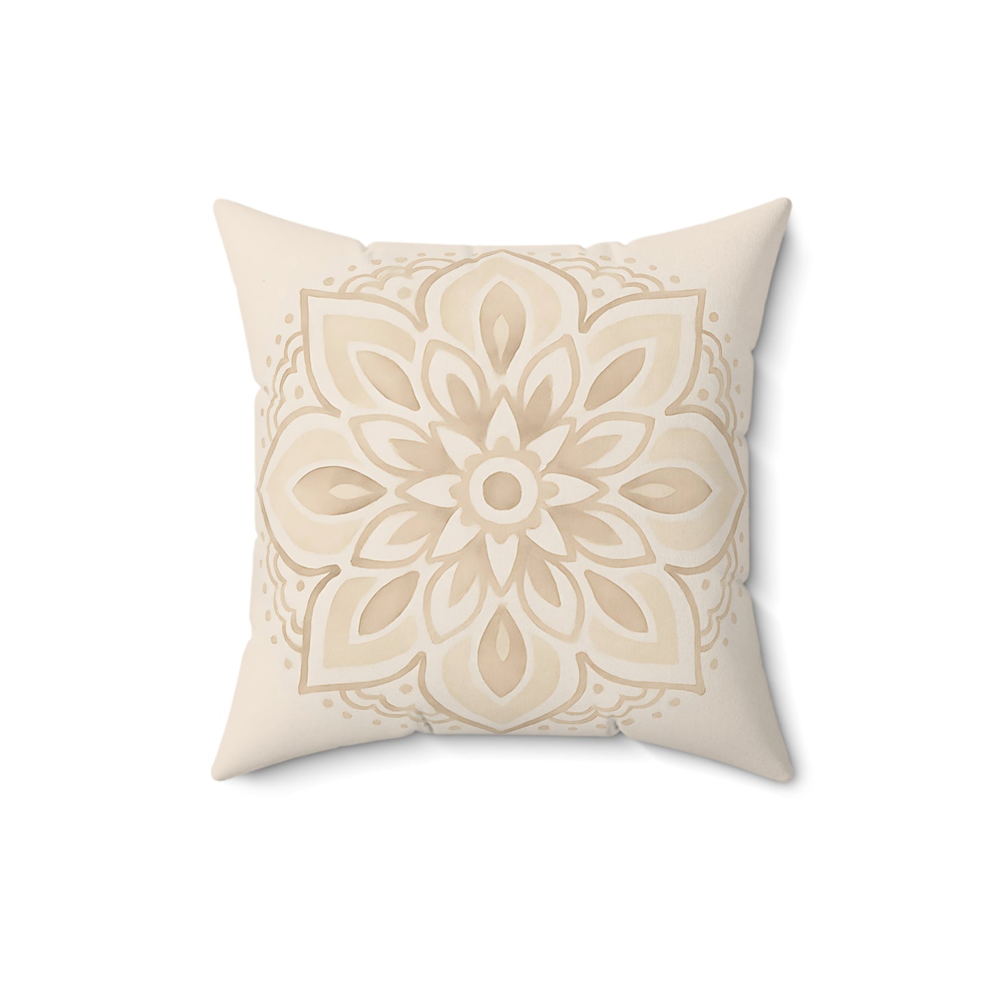 Neutral Mandala Throw Pillow – Boho Decorative Cushion with Cream Floral Medallion & Double-Sided Print