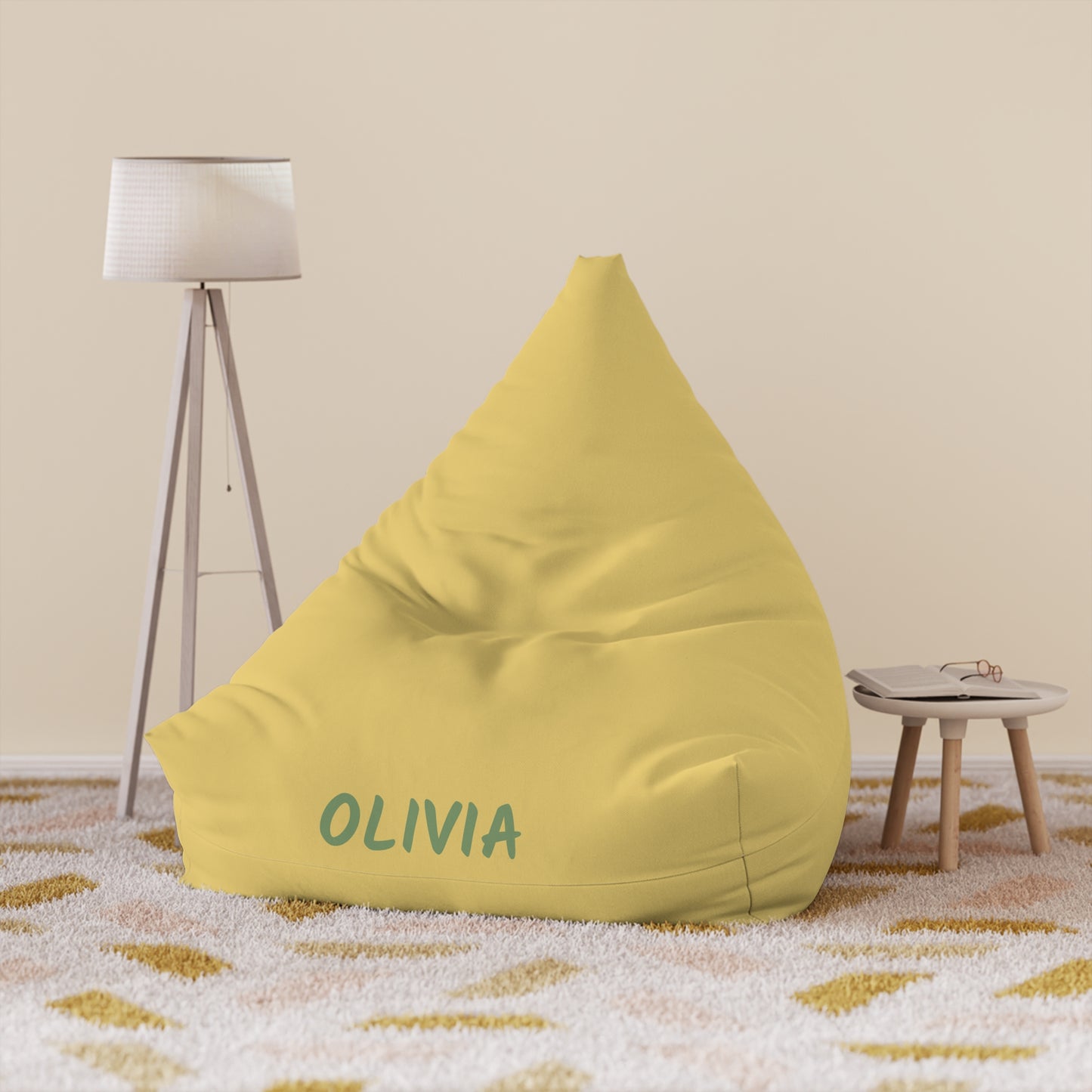 Personalized Bean Bag Cover — Yellow Kids Chair with Name "Olivia"