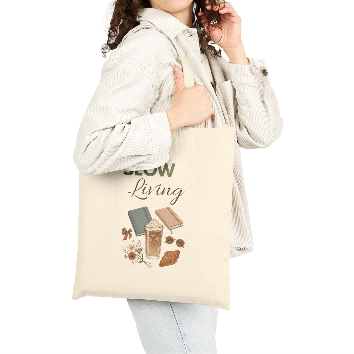 Slow Living Cotton Tote Bag – Cozy Books & Coffee Eco Shopper
