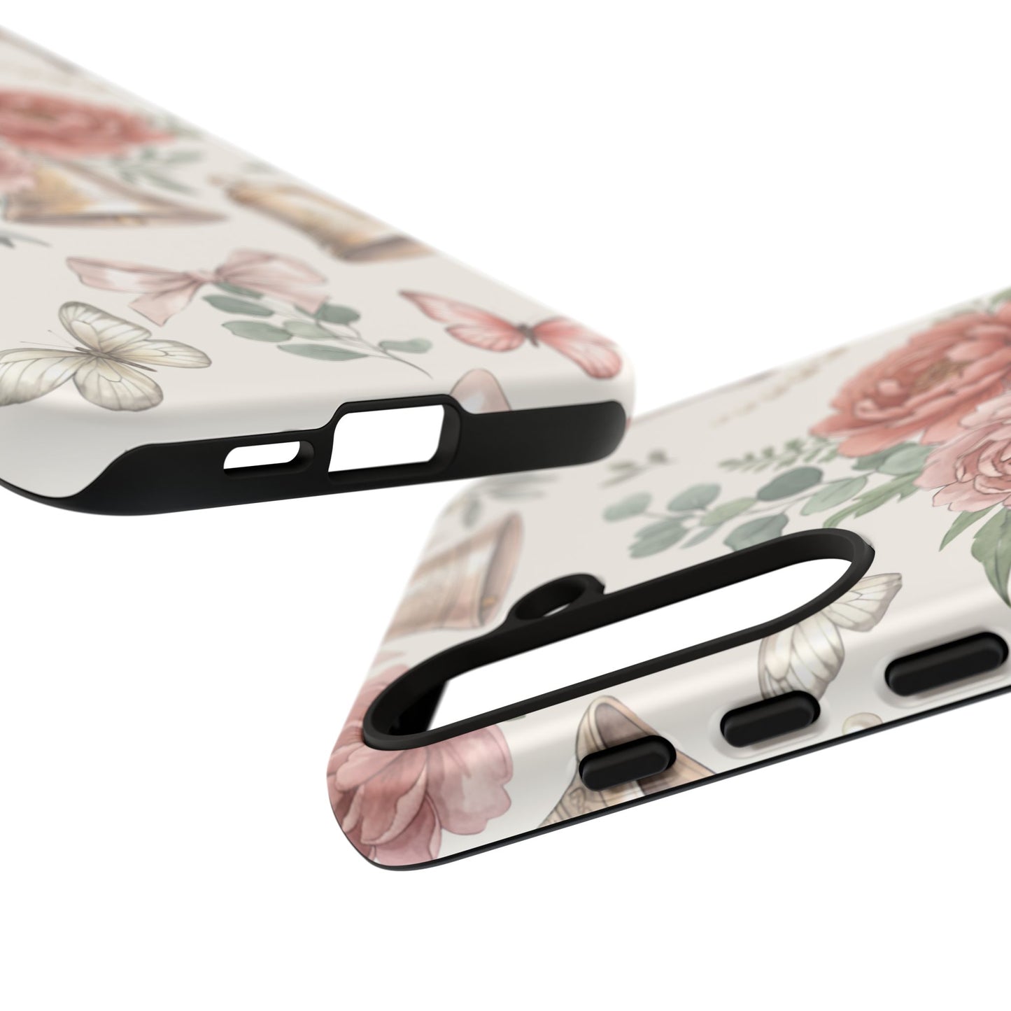 Floral Wedding Bells Phone Case — Vintage Roses, Butterflies & Bow Protective Tough Case