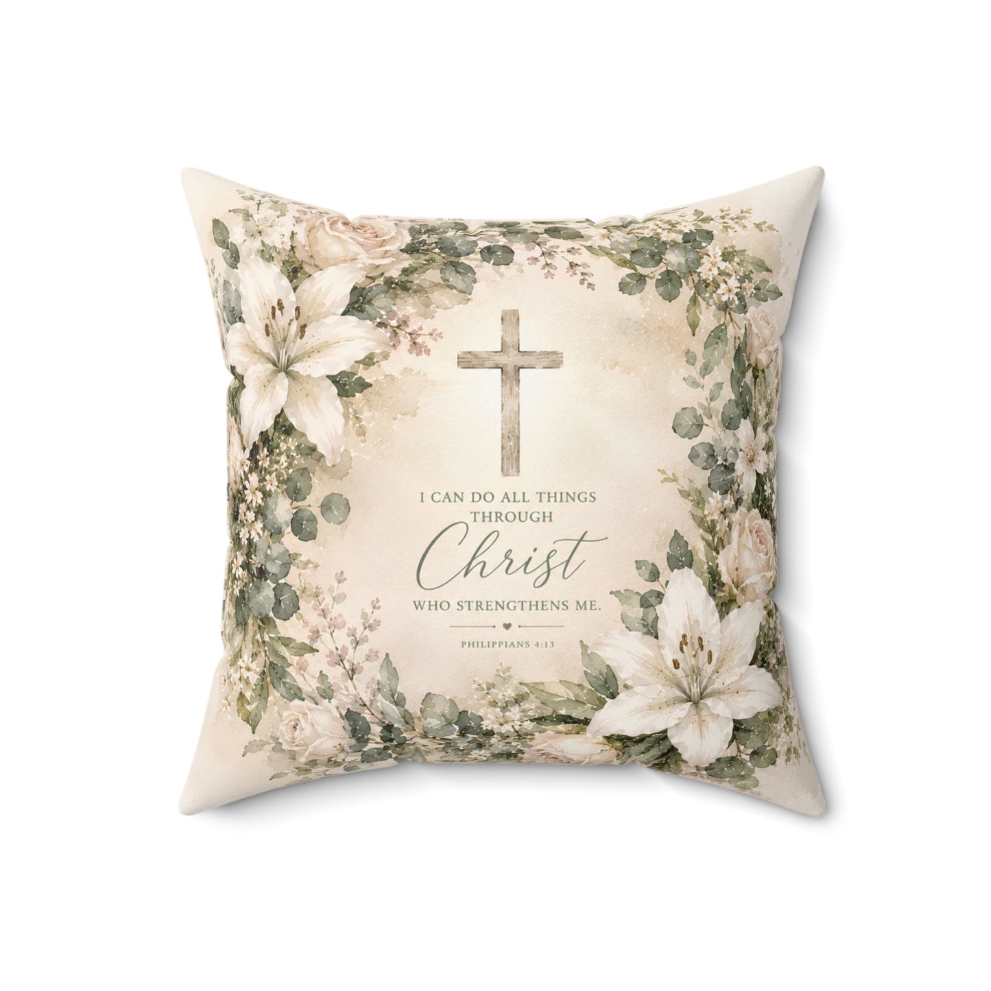 Christian Floral Cross Pillow — "I Can Do All Things Through Christ" Inspirational Decorative Cushion