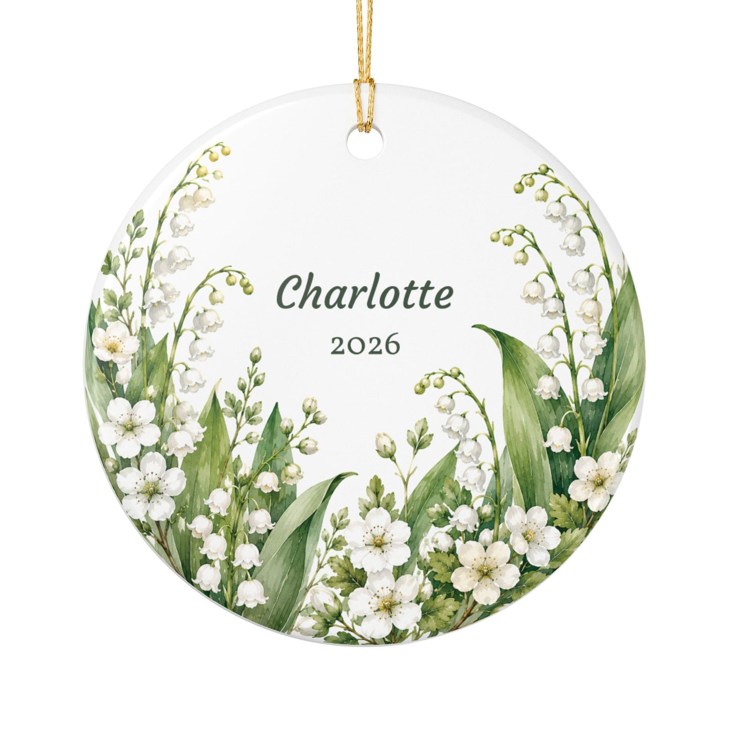 Personalized Lily of the Valley Ceramic Ornament — Custom Name & Year (e.g., Charlotte 2026)