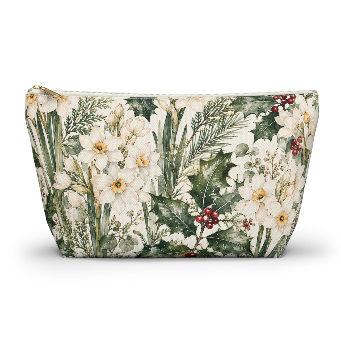 Floral Winter Accessory Pouch — Holiday Daffodil & Holly Makeup Bag