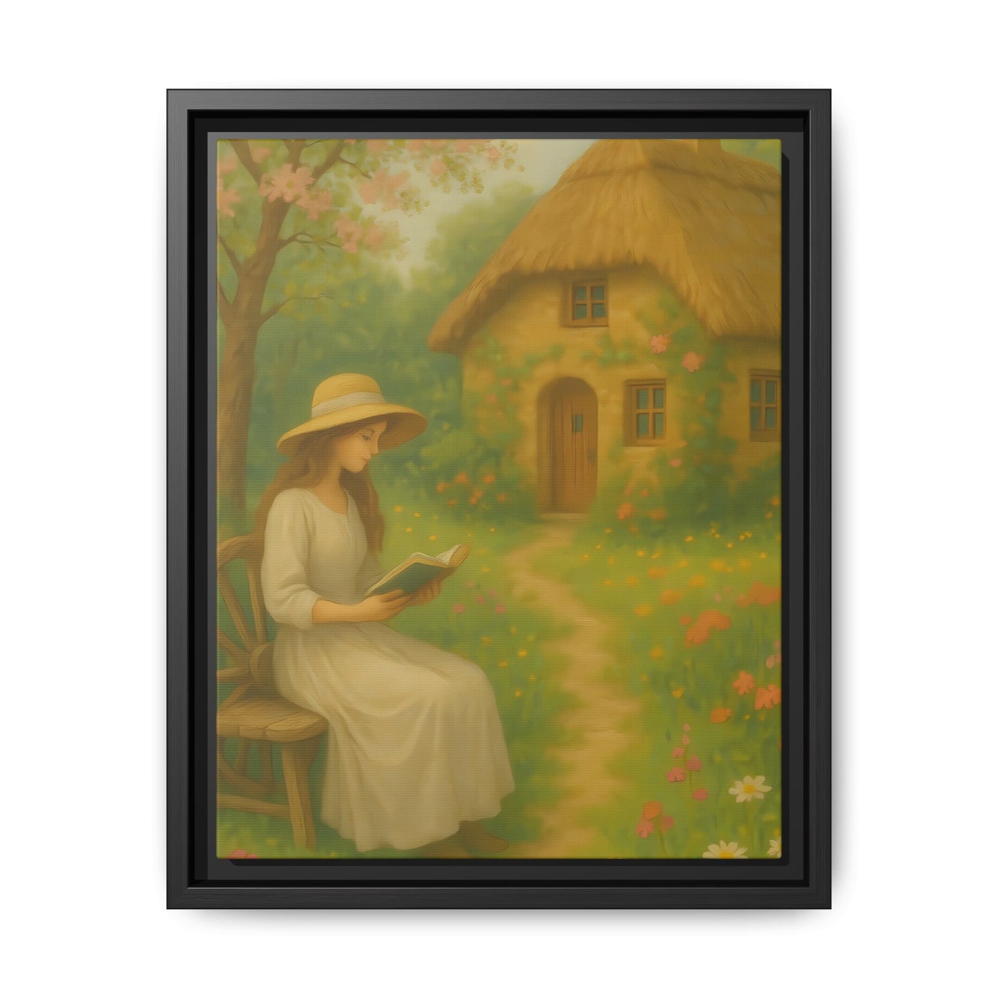 Cottage Garden Reader – Framed Matte Canvas Wall Art of Woman Reading by a Thatched Cottage