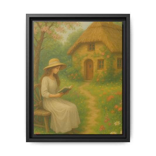 Cottage Garden Reader – Framed Matte Canvas Wall Art of Woman Reading by a Thatched Cottage