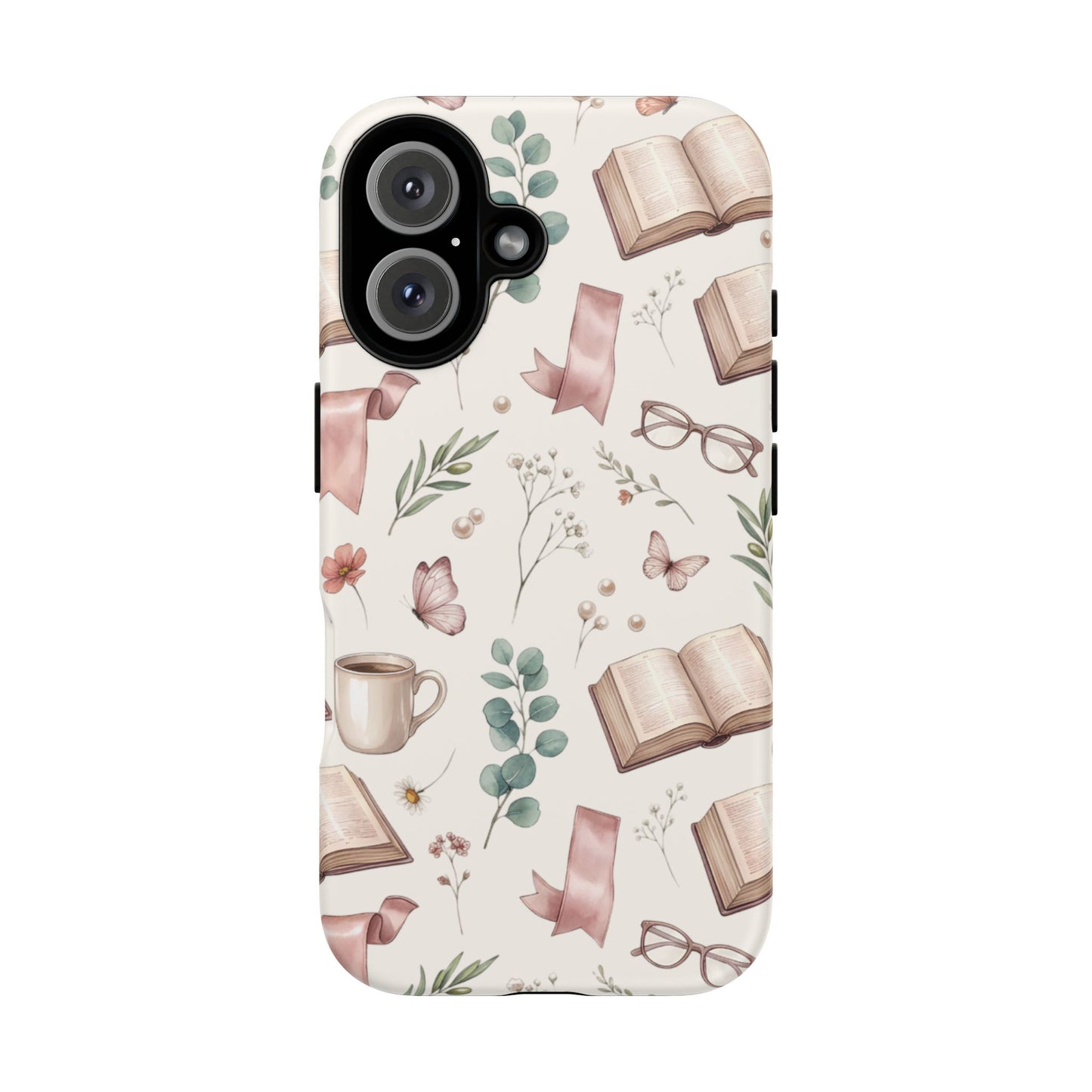 Bookish Floral Phone Case — Cozy Reading Pattern with Open Books, Glasses & Coffee