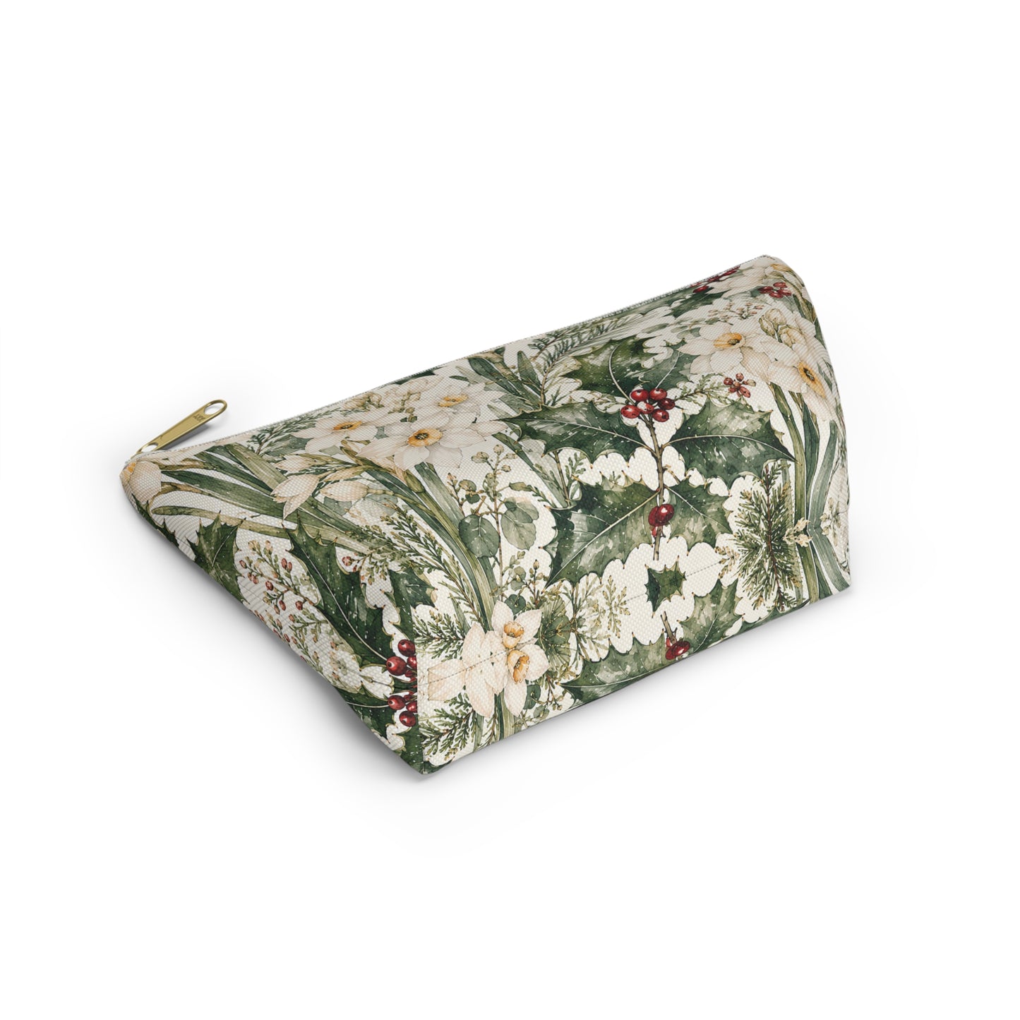 Floral Winter Accessory Pouch — Holiday Daffodil & Holly Makeup Bag
