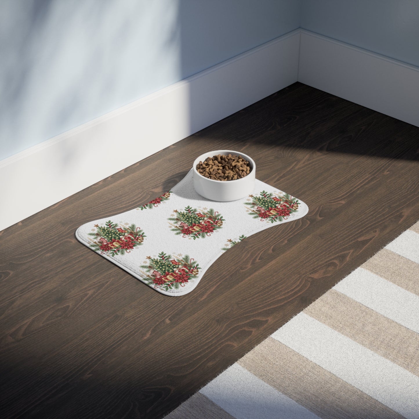 Christmas Pet Feeding Mat — Festive Poinsettia & Tree Placemat for Dogs