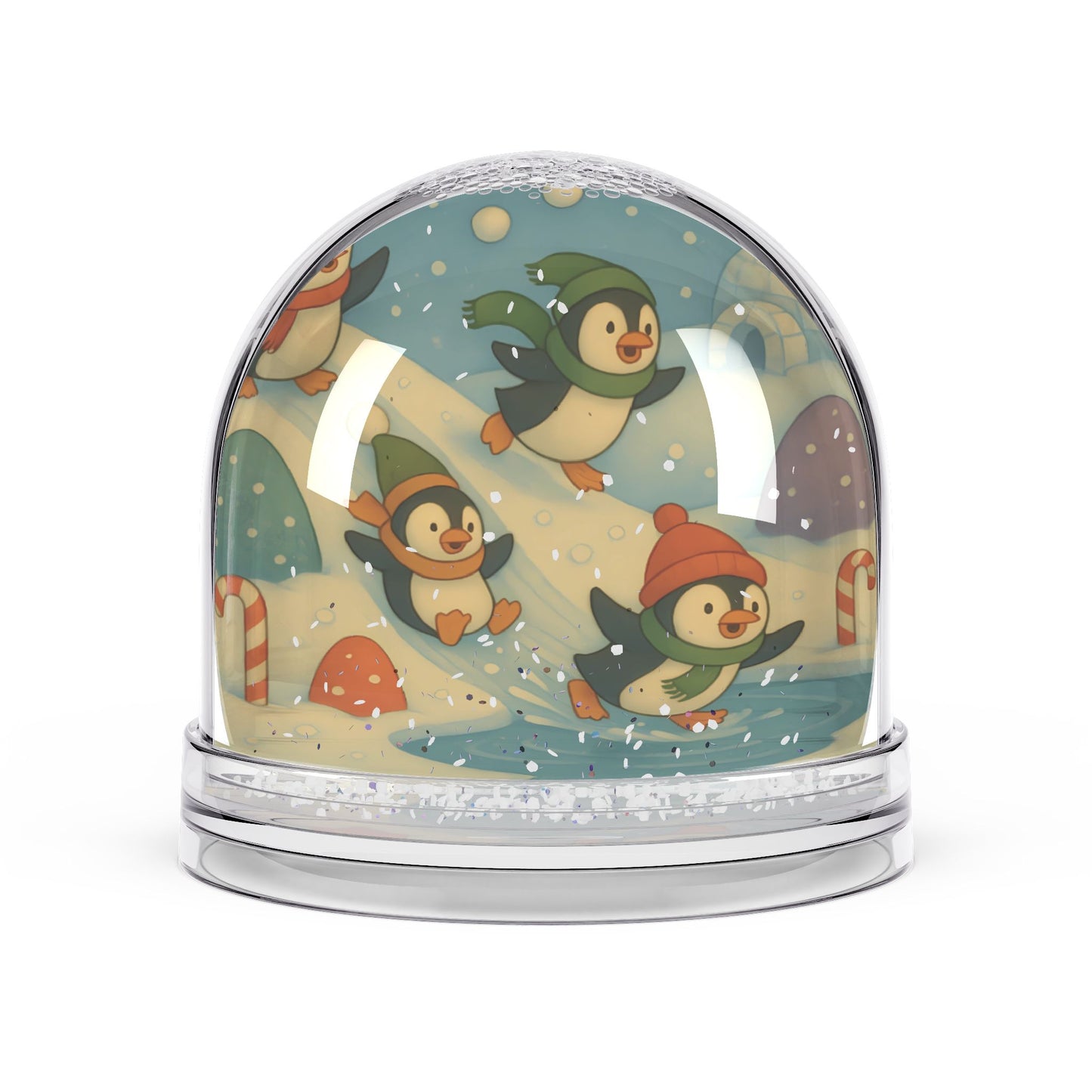 Playful Penguins Snow Globe – Winter Candyland Scene with Two-Sided Print