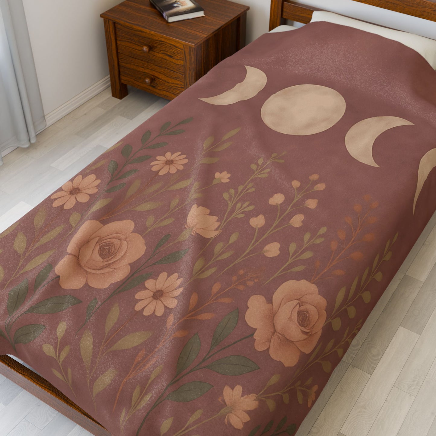 Moon Phases & Wildflowers Velveteen Plush Blanket – Boho Floral Throw for Cozy Nights