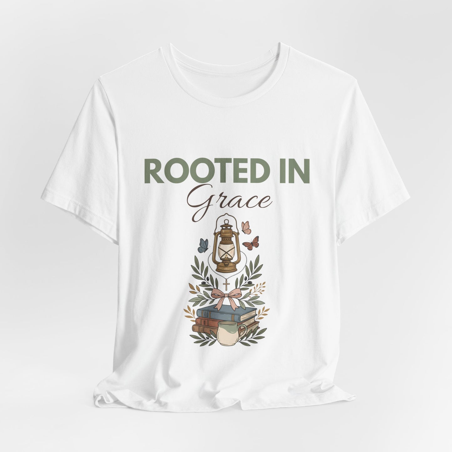White t-shirt with 'Rooted in Grace' design on a white background