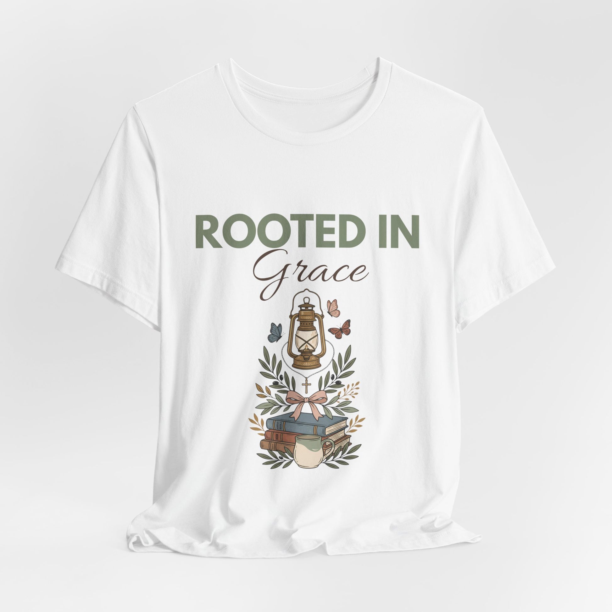 White t-shirt with 'Rooted in Grace' design on a white background