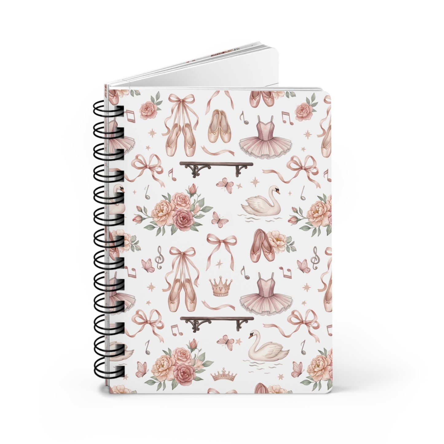Ballet Dance Spiral Notebook — Cute Pink Tutu, Pointe Shoes & Swan Pattern Journal
