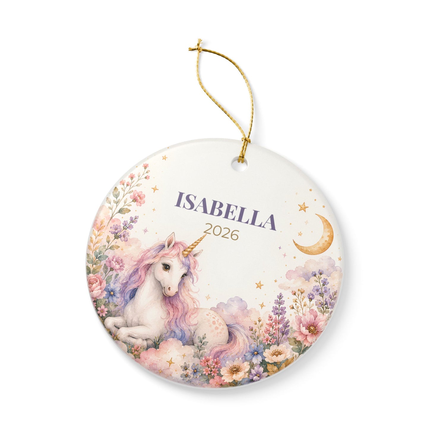Personalized Unicorn Ceramic Ornament — Custom Name & Year (e.g., ISABELLA 2026)
